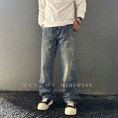 巴黎风美式钩花高端休闲做旧休闲秋季ins拉链美式复古高街牛仔裤