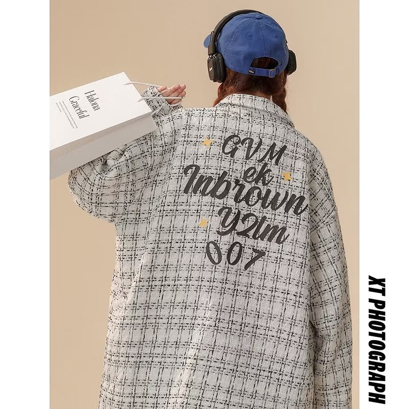 Chaqueta bordada de fragancia pequeña americana AHCN casual de todo fósforo, camisa suelta, blusa de otoño a cuadros tejidos de moda nacional de la calle