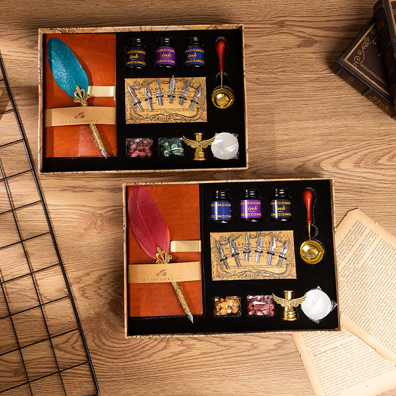 歐式復古珠光羽毛蘸水筆記本套裝帶底座火漆送教師朋友女朋友禮物