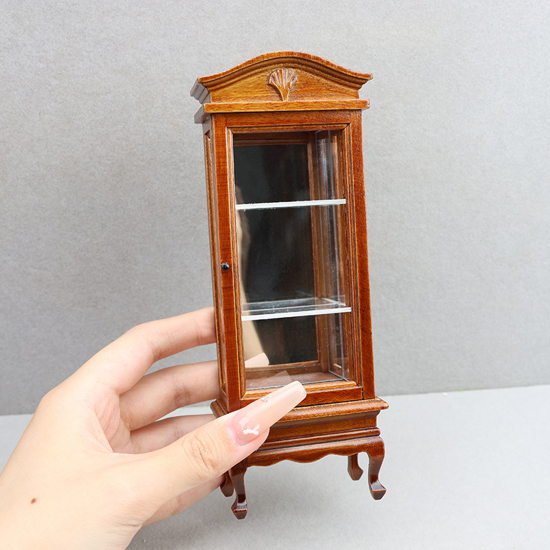 1:12娃娃屋DOLLHOUSE迷你家具微缩食玩木质栗色弧顶展示收纳柜子|undefined