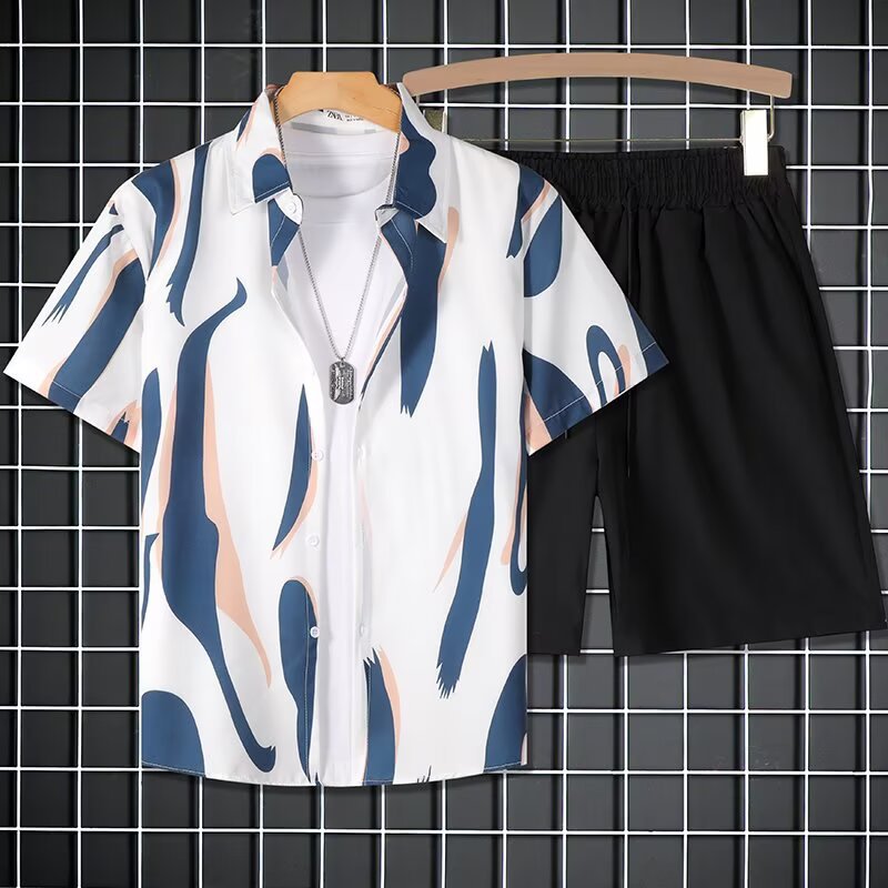 해변 꽃 셔츠 남자의 세트 여름 얇은 여행 플러스 플러스 지방 플러스 사이즈 반팔 반바지 캐주얼 착용 세트