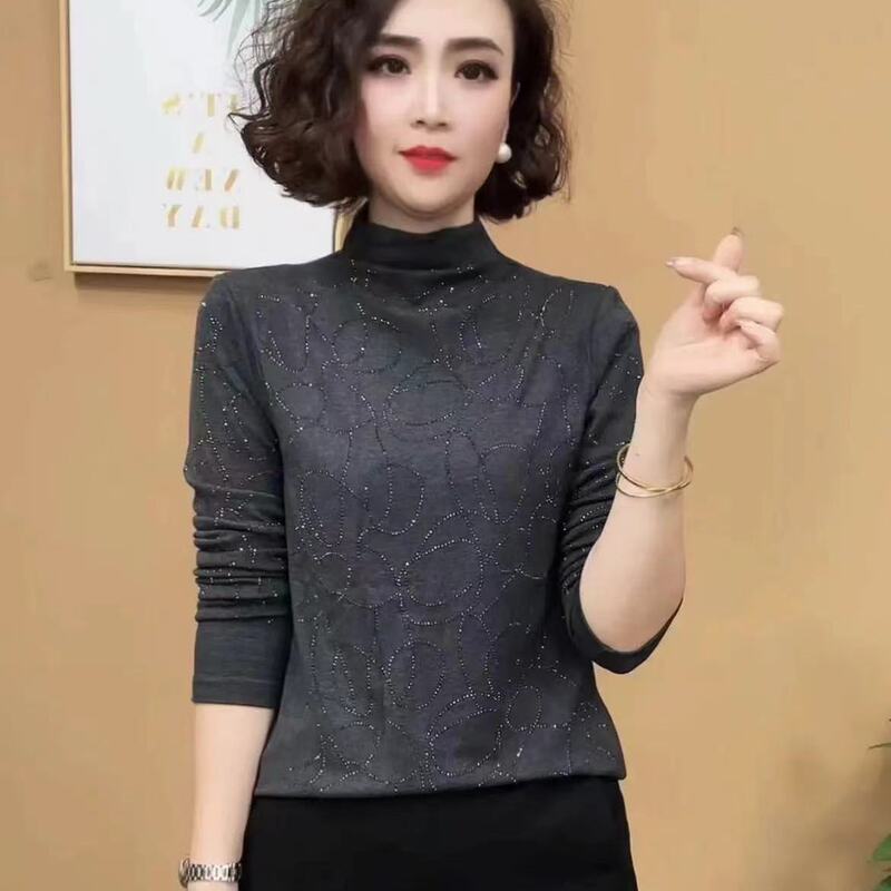 Autumn Fashion Half-High Collar Rhinestone Slimming Long-Sleeve T-Shirt for Women, Base Shirt with Elegant Style, Mid-Length Top