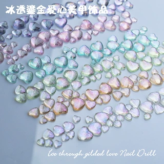 新款爱心美甲饰品批发透明鎏金爱心美甲钻树脂指甲配饰美甲小饰品