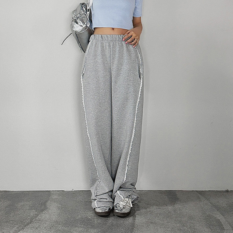 Korean Purchasing Agent Women's Lace Floral Sweatpants Elastic Waist Loose Wide-Leg Pants with Adjustable Cuffs Casual Versatile Pants Korean Purchasing Agent Women's Lace Floral Sweatpants Elastic Waist Loose Wide-Leg Pants with Adjustable Cuffs Casual Versatile Pants