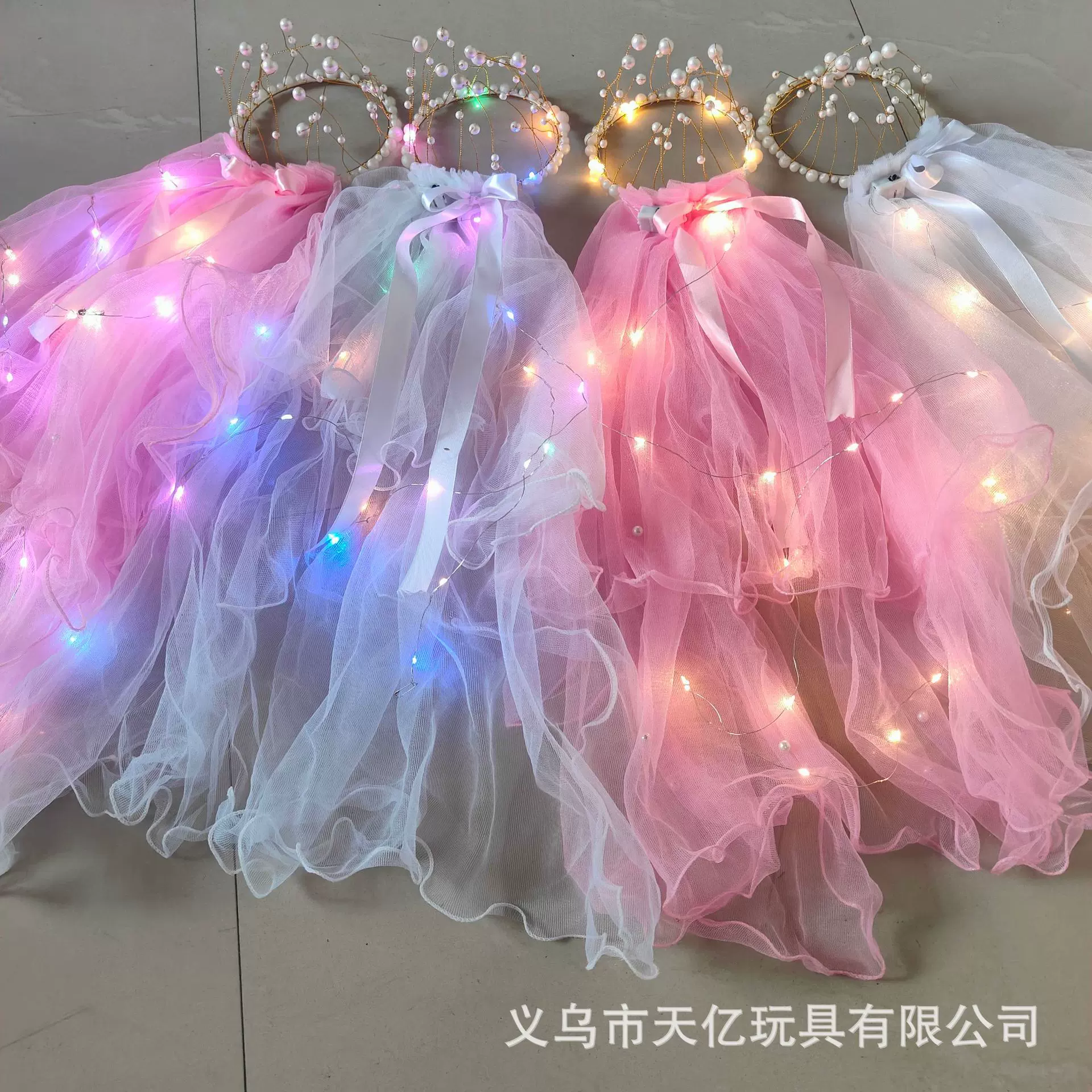 网红流苏发光头纱带灯双层珍珠皇冠头纱丝带蝴蝶结儿童地摊批发