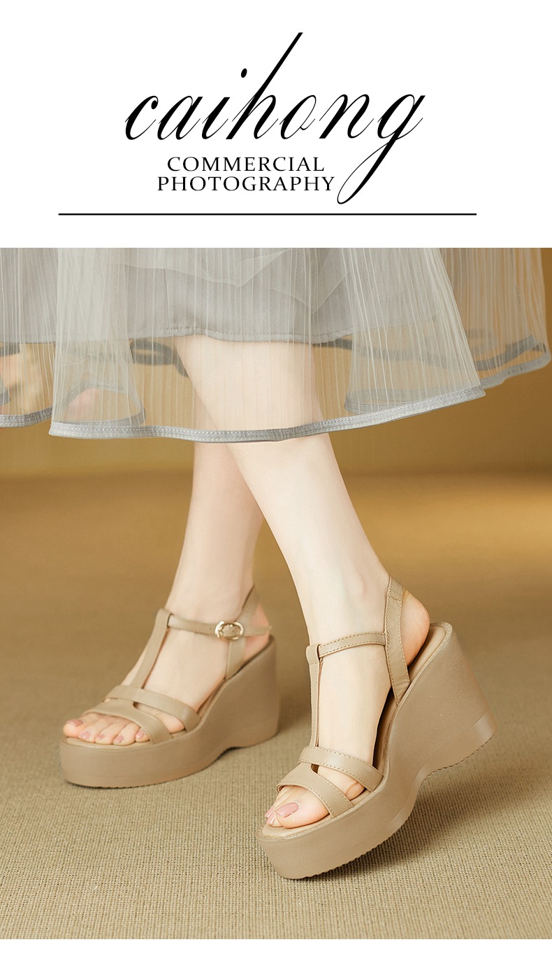 Sandal cao gót nữ mũi hở đế xuồng da bò, quai chữ T đơn giản, gót 9 cm — đen chi tiết 2