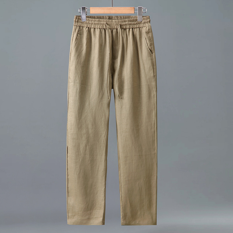3047 Linen Casual Business Pants Men's Elastic Waist Straight-Leg Drawstring Lace-Up Loose Thin Breathable Casual Men's Pants