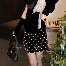 LS述致 复古波点毛呢a字高腰半身裙女2025冬季新款短裙女装61196#