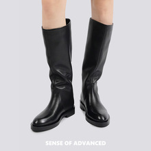 头层牛皮2025年秋冬季圆头低跟长靴女鞋真皮骑士靴高筒靴