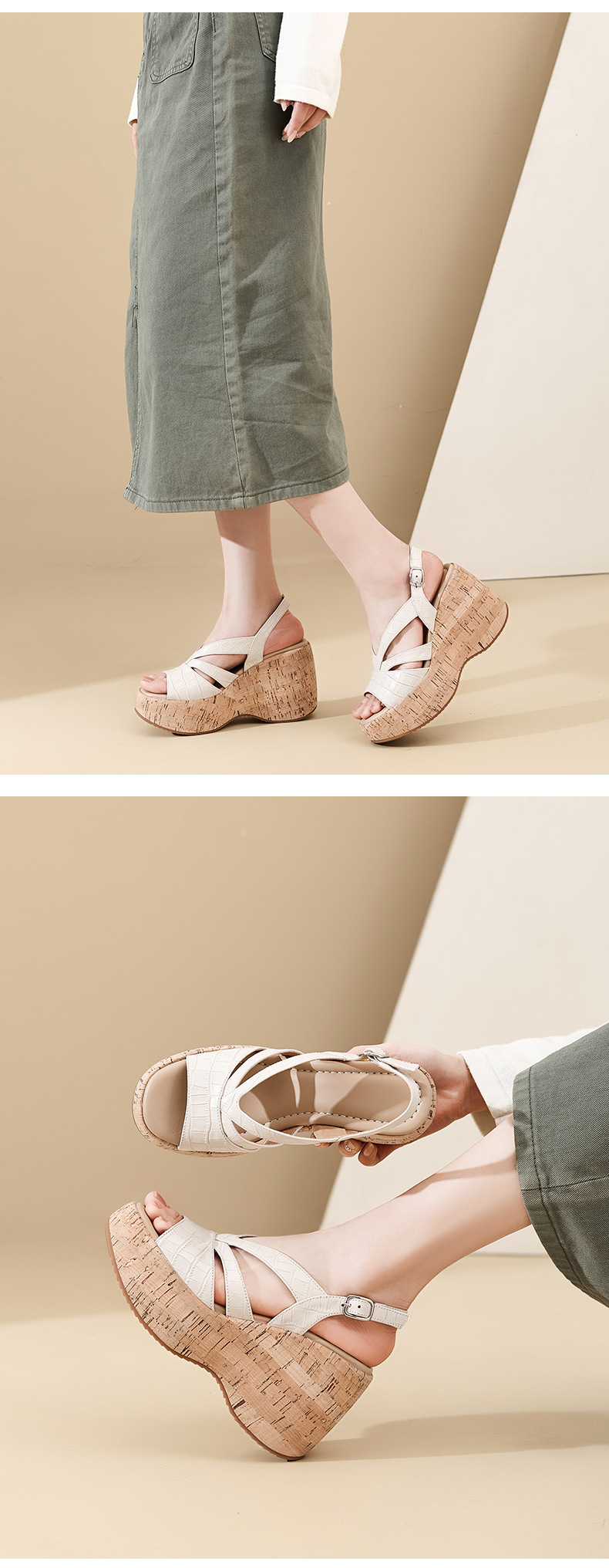 Sandal cao gót nữ hở mũi đế xuồng platform 10cm phong cách La Mã — màu đen, màu trắng ngà chi tiết 9