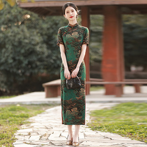 Green floral Qipao Retro Chinese dresses for women girls Cheongsam Chinese style host singer photos shooting old shang miss etiquette double-layer short-sleeve improved cheongsam dress