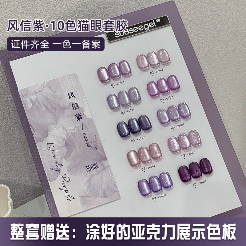 Nail Art Bundle Colored Glass Beads Purple Cat Eye Nail Polish Series 2025 New Hyacinth Purple Black Gallon 10 Color Set