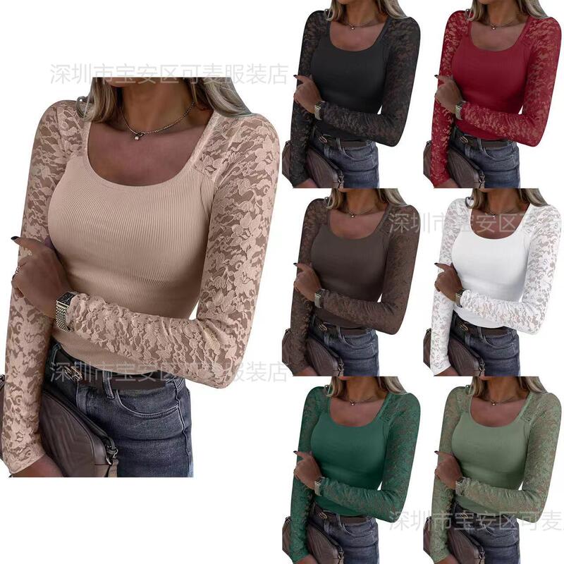 2025 European and American Cross-Border Lace Sexy Tops Pure Desire High-End Spring & Fall New Slimming Look Bottoming Shirts for Women