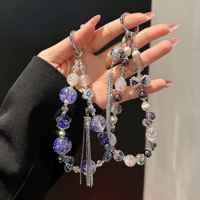 Boutique hecho a mano de alta gama colgante de teléfono móvil azul violeta borla cadena de cuentas de vidrio cordón de teléfono móvil de moda colgante de mensajero largo