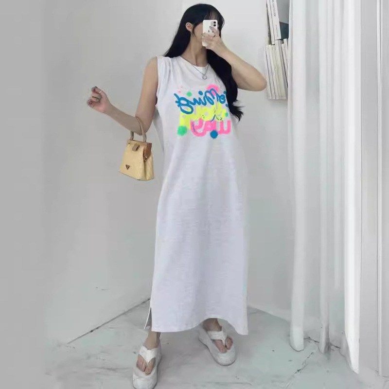 Printed Sleeveless Vest Dress Women's Summer 2024 New Loose Slimming Lazy Over-the-Knee Mid-length T-shirt Skirt