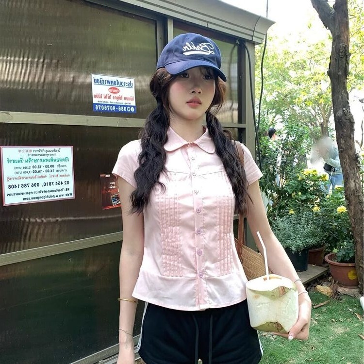 Korean Hot Girl Pink Pleated Loose Slim Lapel Shirt Lazy Style Simple Versatile Shirt Women's Top Summer