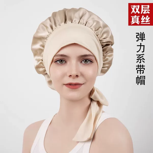 New Product 100 Mulberry Silk Plain Crepe Satin Smooth Hair Care Lace Adjustable Elastic Elastic Double Layer Silk Nightcap for Women