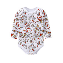 跨境外贸圣诞新款长袖三角哈衣婴儿连体衣包屁衣宝宝印花爬行服