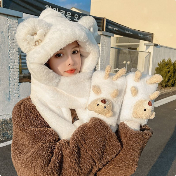 かわいい熊の帽子の子供の秋冬の3つのセットの保温のぬいぐるみの帽子のマフラーの手袋の3つのワンピースの帽子|undefined