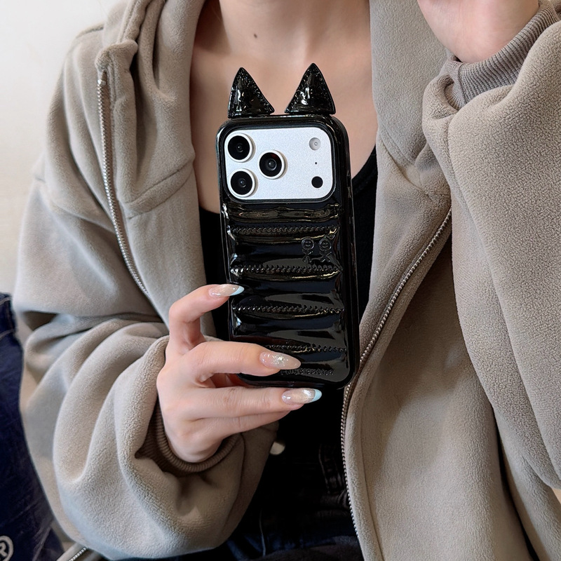 Creative Black down Jacket Cat Ears Iphone17 Apple 16 Suitable for 14/15Pro Max Phone Case Cover 13