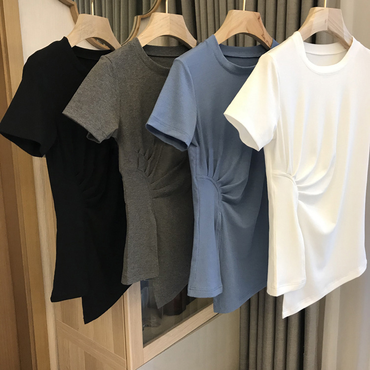 Out of the h list ~ ten thousand * can tee god t! Elastic Side Waist Sun Pleat Design Split Slimming Short-sleeved T-shirt Women's Summer