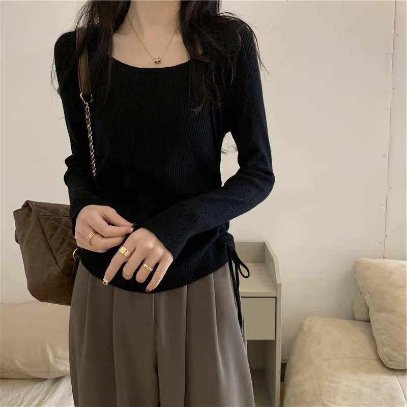 方领抽绳针织打底衫女秋冬季长袖正肩毛衣薄款冬季内搭假两件上衣|undefined