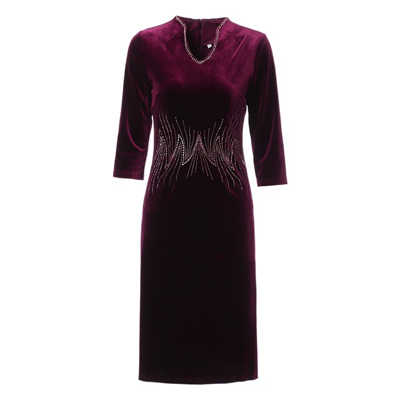 Высококачественный V-образный воротник нежный бархат талии ручной работы бисер благородный темперамент платье корейская тонкая мама одежда