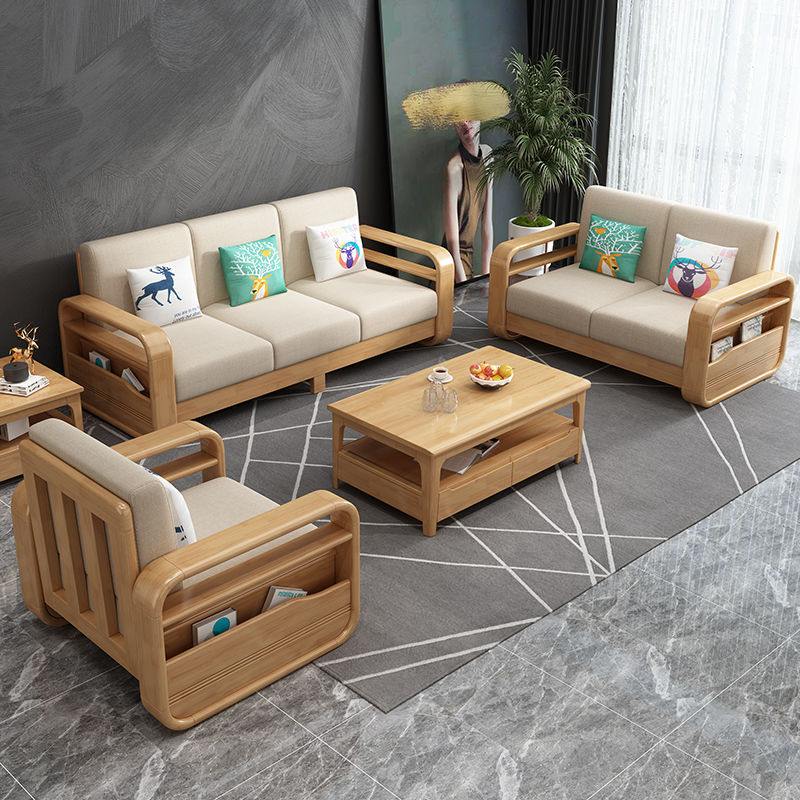 Sofá nórdico de madera maciza con tela para apartamentos grandes y pequeños, muebles de sala de estar para oficina, multifuncional con cama extraíble, tela de algodón y lino