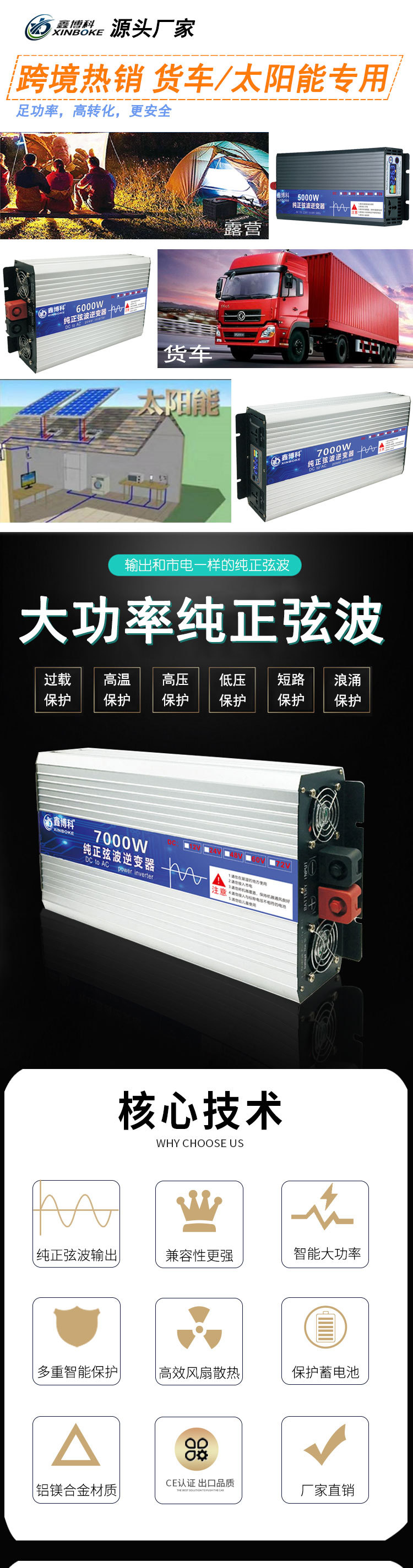 鑫博科车载太阳能逆变器转换器12v24v48v伏转220v 纯正弦波逆变器详情图1