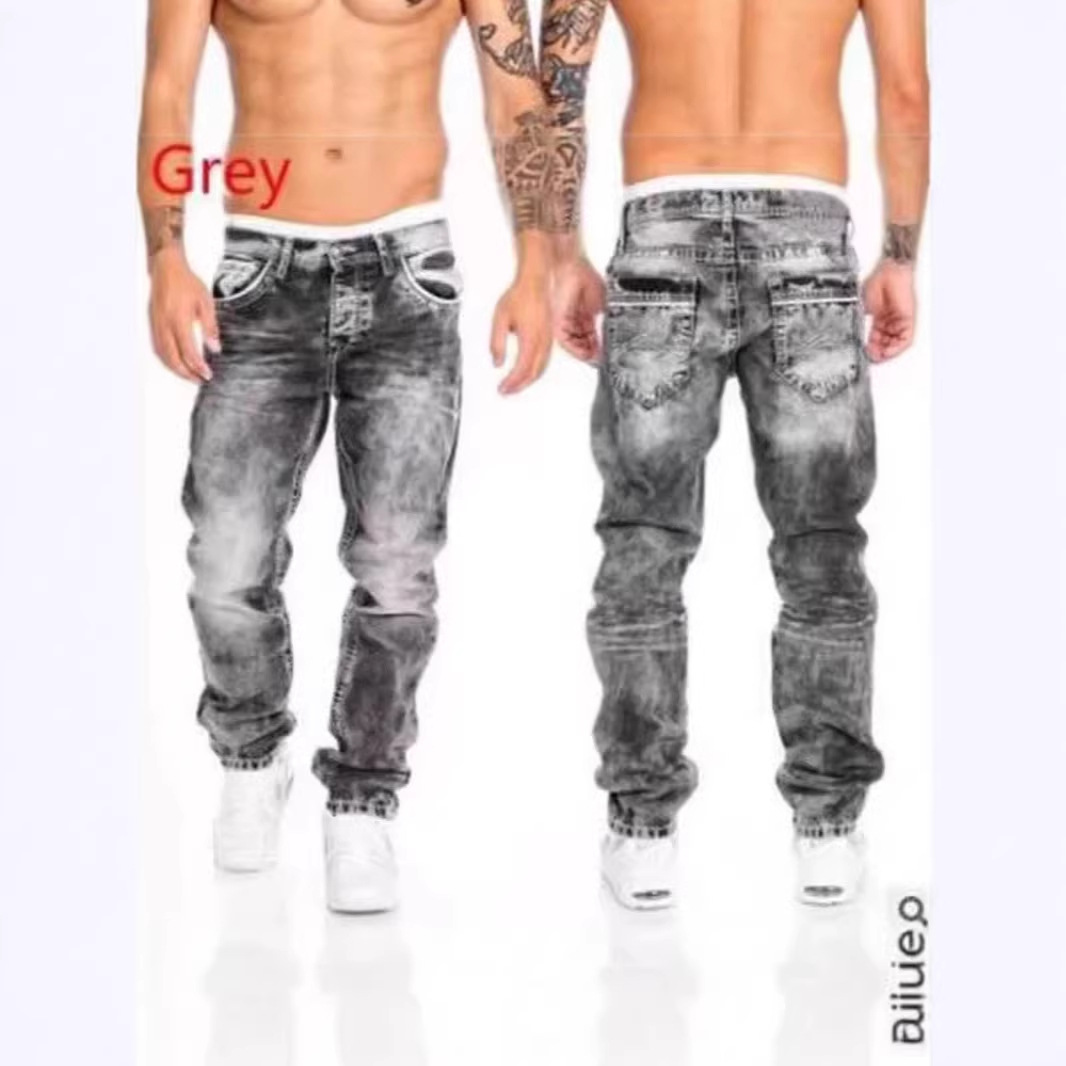 Men's Casual Distressed Straight Leg Jeans Trendy Hip Hop Pocket Trousers European American Style mid Waist Long Non-Stretch_mkmklike.com