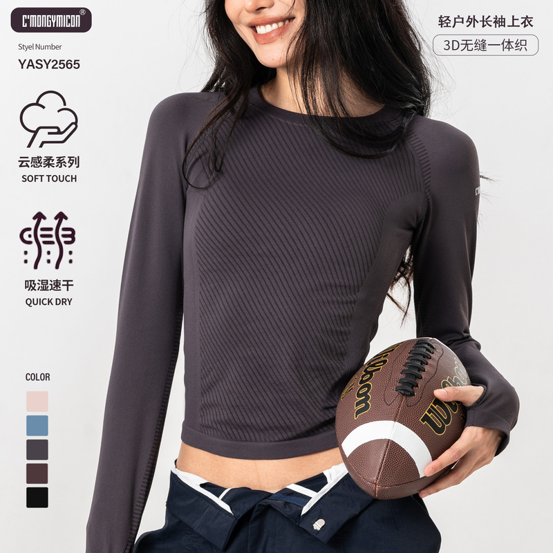 Autumn and Winter Seamless Round Neck Tops Sports Quick-Drying Clothes for Women Outdoor Slimming Sports Long-Sleeved Yoga Fitness Clothes