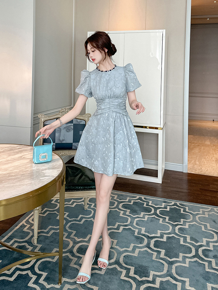 Váy chữ A retro cổ tròn tay bồng eo thon dáng xòe — Màu xám