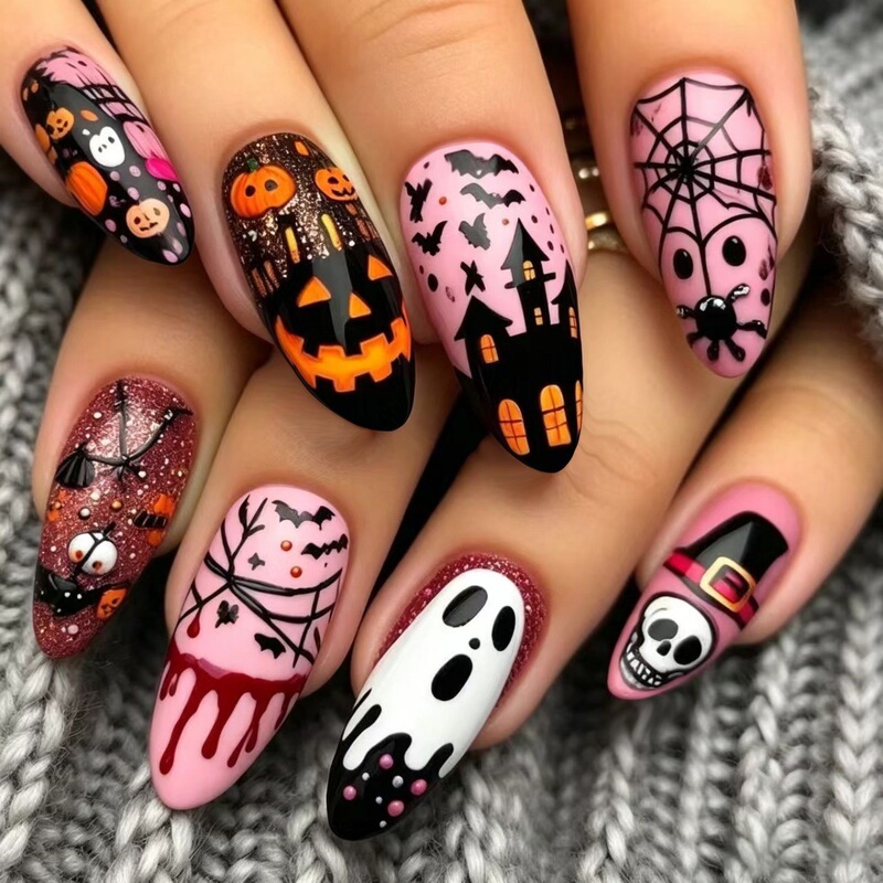 Cartoon Pumpkin White Ghost Haunted House Spider Web Skull Halloween Fake Nails 24 Pieces European and American Fashion Fake Nails
