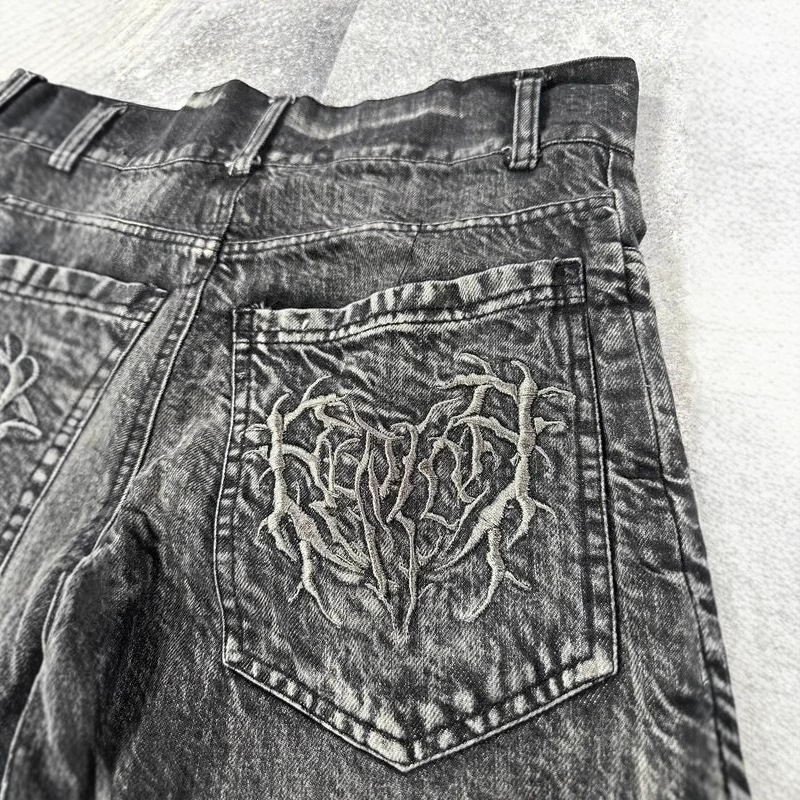 Women’s Clothing Vibe Heavy Patch Embroidery Jeans Washed Damaged Mid High Waist Loose Straight Trousers_mkmklike.com