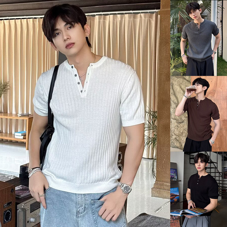 Camiseta de punto de manga corta camiseta hombre Henry cuello medio abierto viejo viento delgado negocio hielo verano fábrica transfronteriza al por mayor