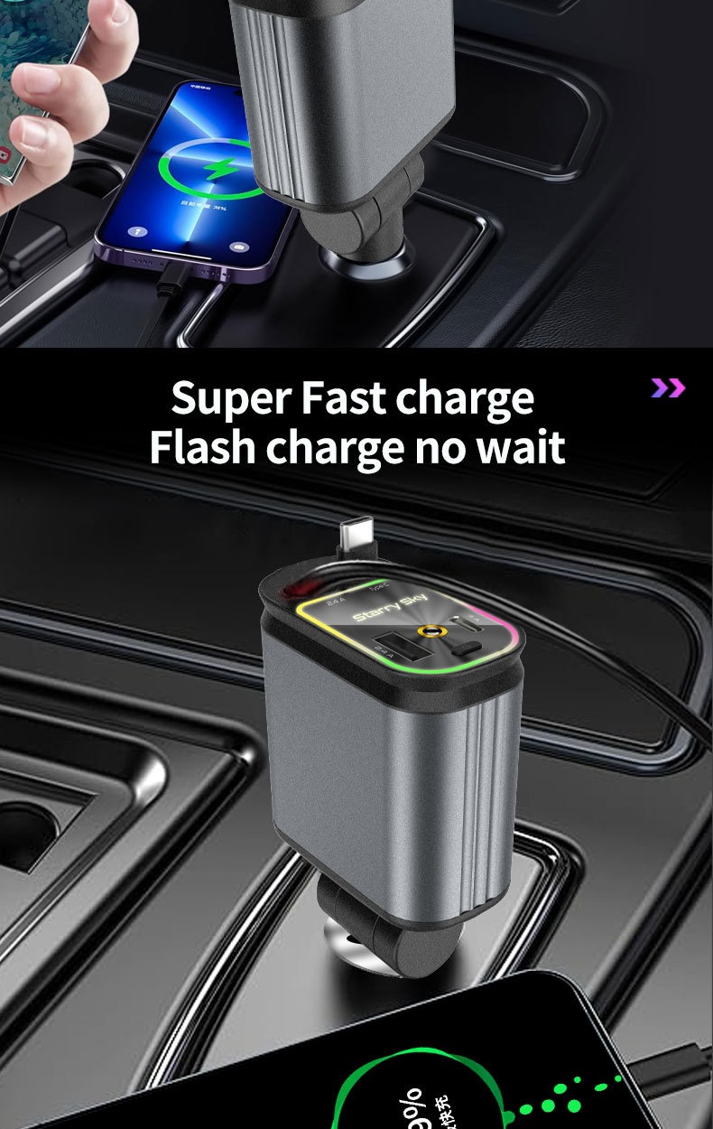 Cross-border exclusive supply of new car phone charger with dual retractable cables and starry sky projection light, four-in-one multifunctional new product