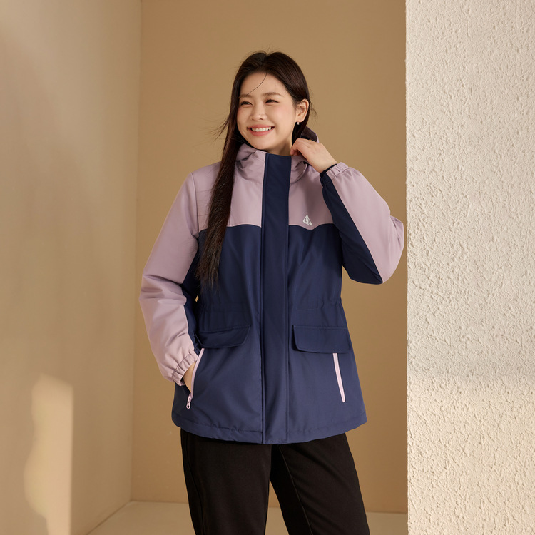 【连帽舒适保暖棉服】纤莉秀大码女装个性拼色外套胖mm2025冬新款