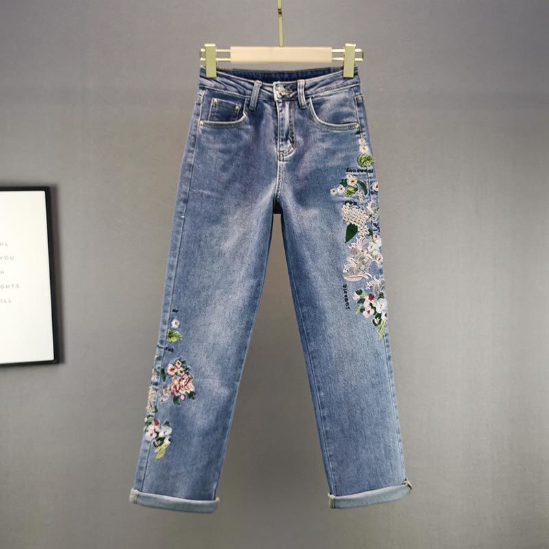 Ready in Stock] Ethnic Style Embroidered Straight Jeans for Women 2024 Spring New Style Cotton Elastic High Waist Loose Slimming Look Pipe
