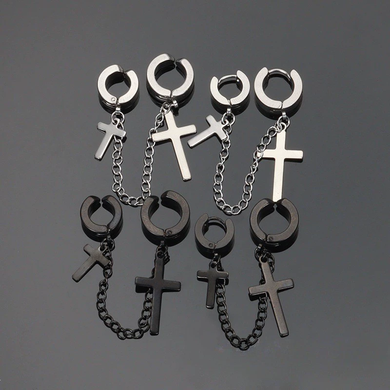 Earrings, chain, retro ear clips stainless steel hip-hop style, European style