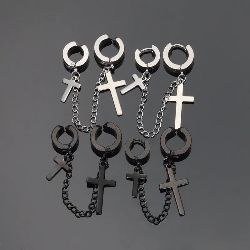 Earrings, chain, retro ear clips stainless steel hip-hop style, European style