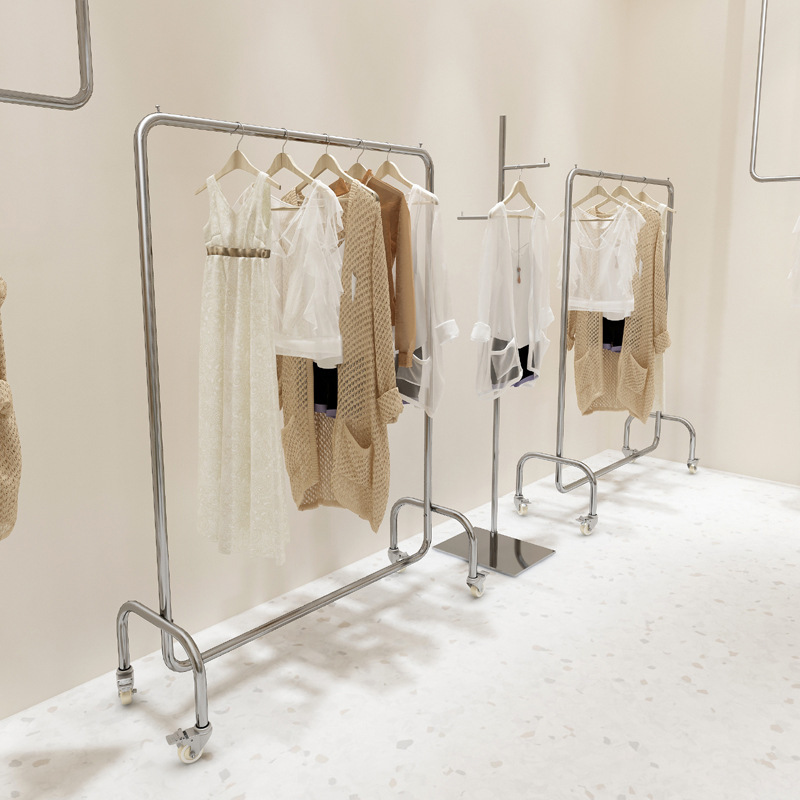 Clothing store hanging rod live stream clothing display rack stainless steel mobile clothes hanger central island floor-standing unisex clothing store