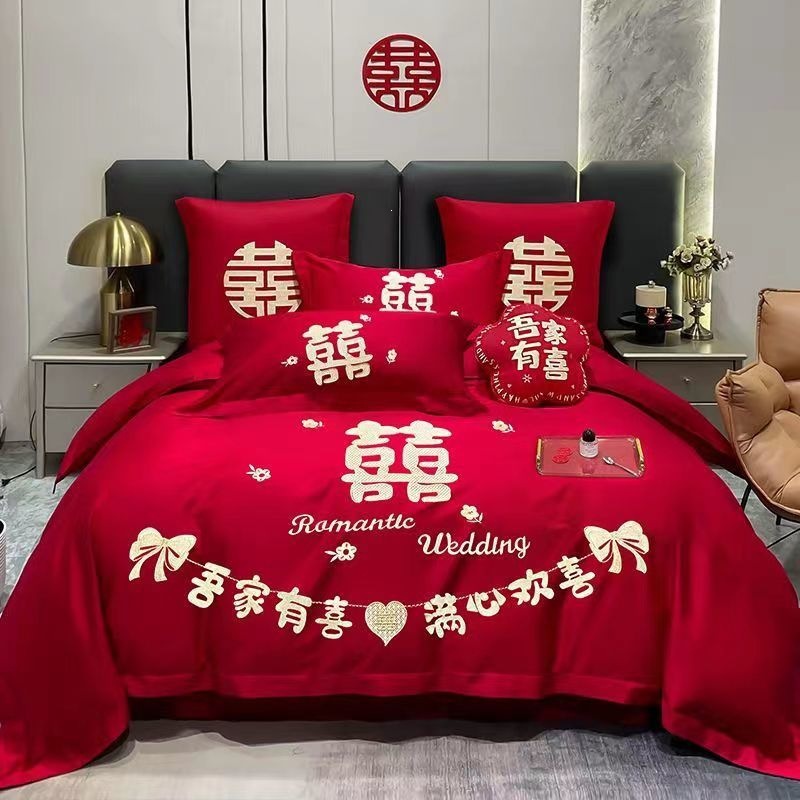 Cuatro piezas de boda china dragón-fénix bordado sábanas de boda rojas casa de boda colcha de cama image 21