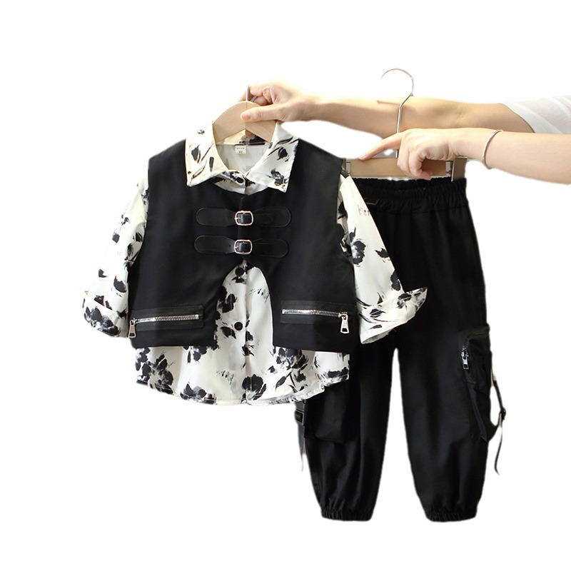 5915 Traje de otoño para niños 2025 nuevo estilo fresco y guapo ropa coreana para niños camisa de primavera y otoño traje de tres piezas