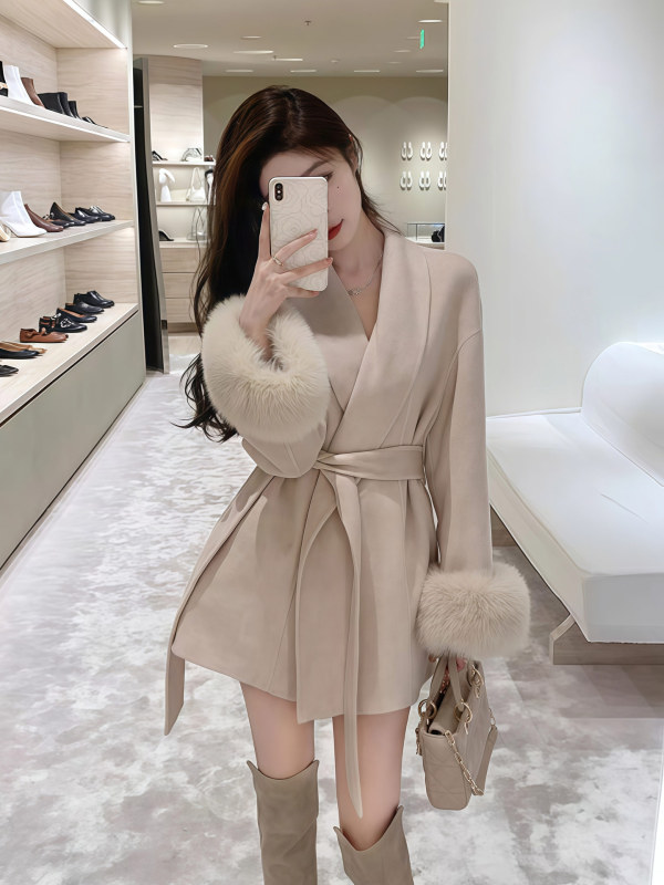 气质名媛千金毛毛袖收腰系带呢子大衣女秋冬高级感超好看毛呢外套|undefined