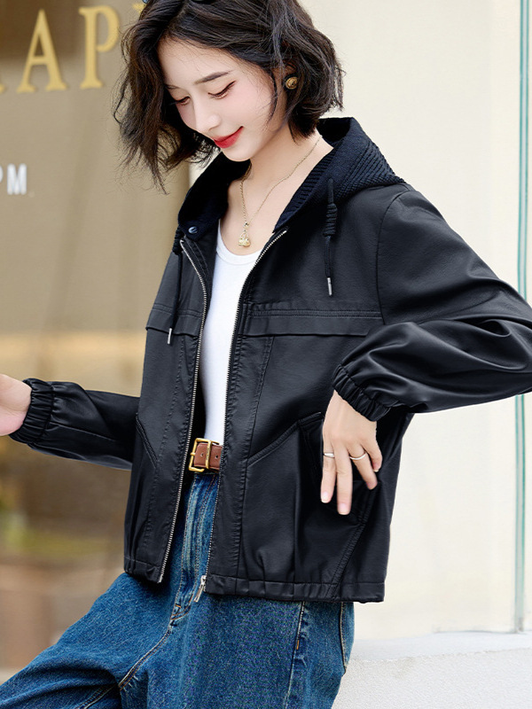 港风流行休闲小个子连帽皮衣外套2025新款女洋气减龄pu皮春秋夹克|undefined