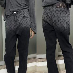2025 New Fashion Brand Jeans Jacquard Straight Tube Full Print Elastic Slim Casual Cropped Pants Light Luxury Trousers