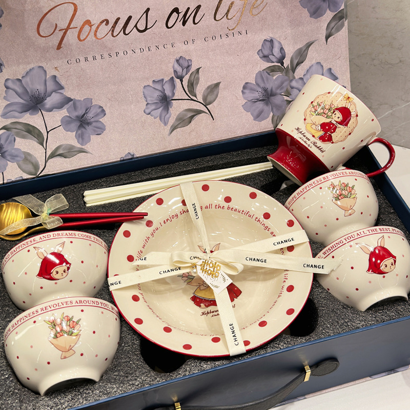 Cute Rabbit Ceramic Tableware suit 2025 New Household High Color Value Housewarming Wedding Gift Full Set Bowl Rice Bowl