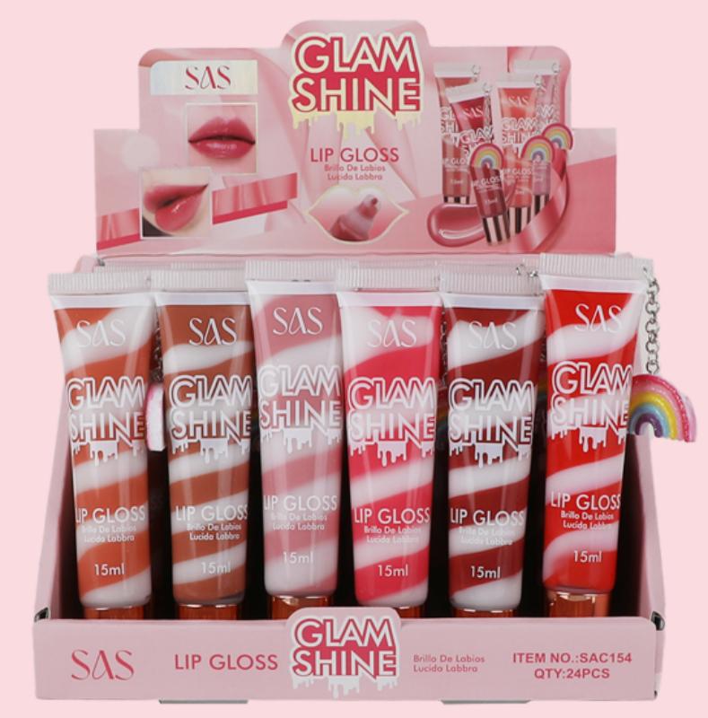 (caja de exhibición) 24 piezas de una caja SAS transfronterizo lápiz labial esmalte labial miel humectante con colgante arco iris SAC154