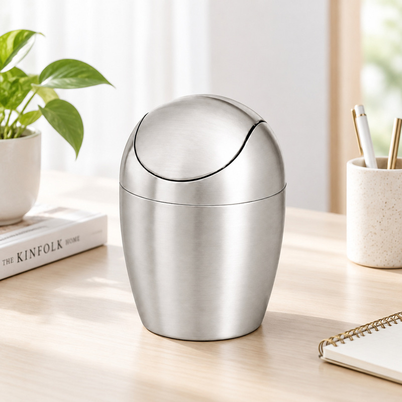 304 Stainless Steel Desktop Trash Can, Small Size, for Home Use, Living Room Coffee Table, Office Wastebasket, Mini Creative Storage Bin