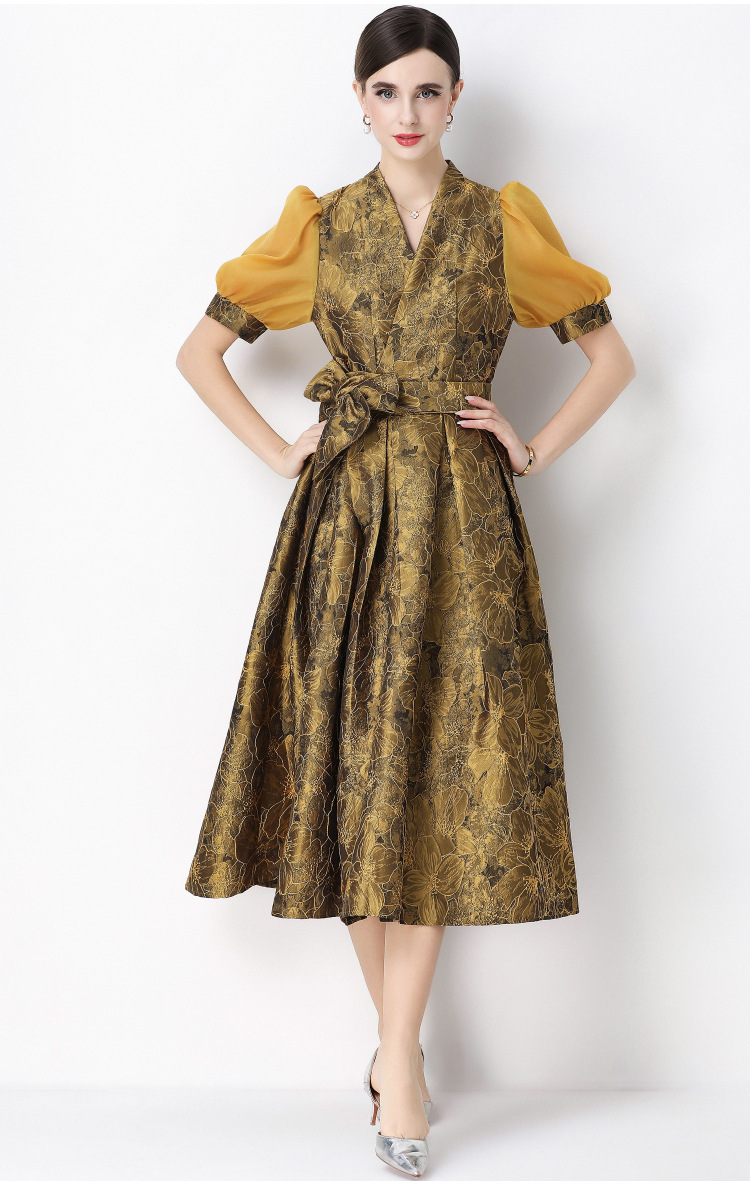 Đầm maxi nữ thắt eo V cổ tay ngắn họa tiết jacquard thanh lịch — màu đen, xanh lam, Màu hồng, màu trắng chi tiết 29